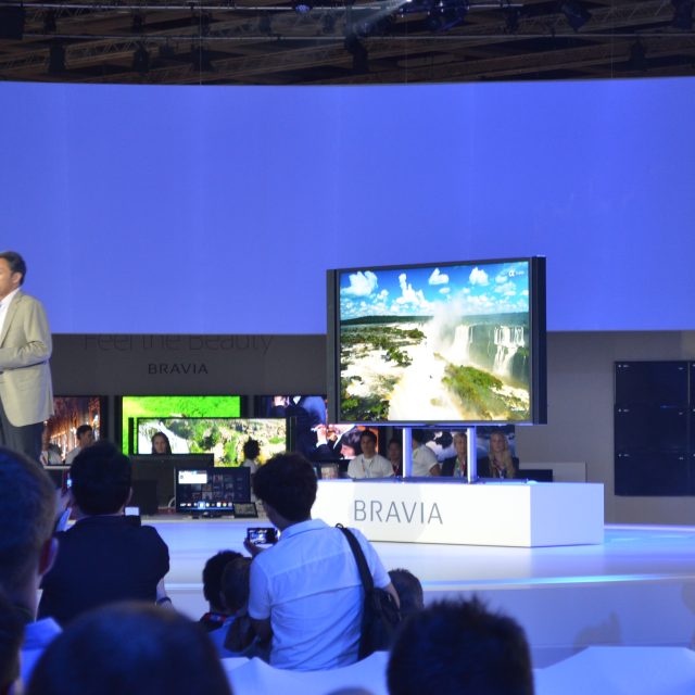 Kaz Hirai, Sony CEO, unveils company's first 4K TV at the 2012 IFA Show. The TV model is 84-inch Sony Bravia XBR-84X900 (KD-84X9000).